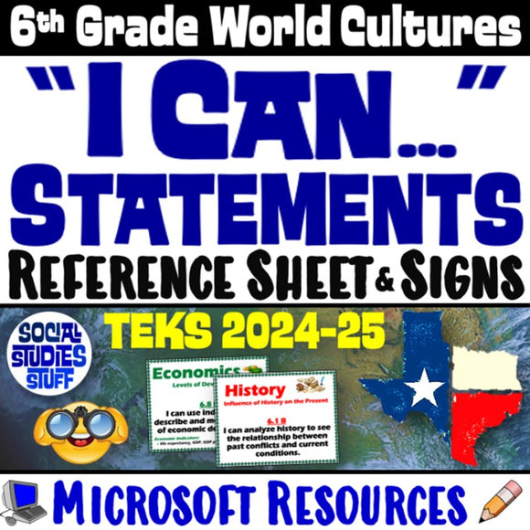 I Can Statements and Signs World Cultures 6th Grade TEKS Social Studies Stuff Lesson Resources