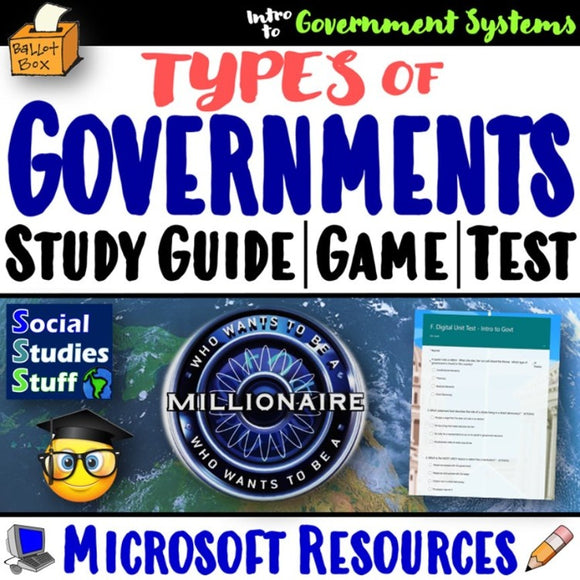 Evaluate Types of Government Study Guide, Review Game, Test Social Studies Stuff Lesson Resources