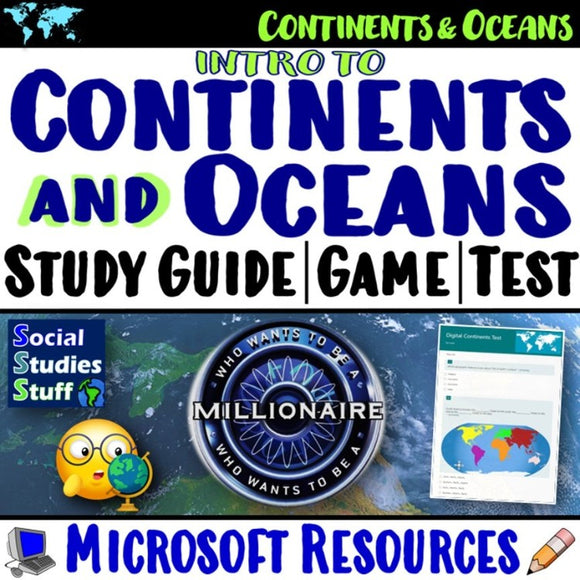 World Map Oceans and Continents Study Guide, Game, Tests Social Studies Stuff Lesson Resources